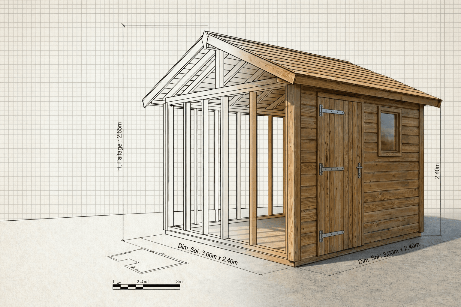 Cabanon ossature bois avec montants 45×90 mm